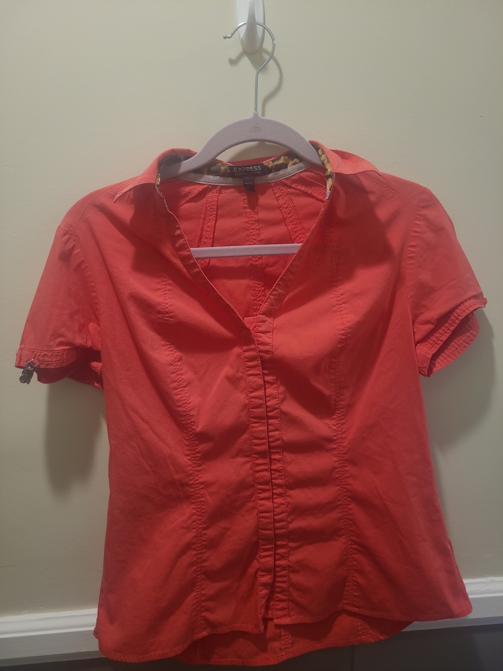 Express Women's Coral Orange Short-Sleeve Button-Front Shirt